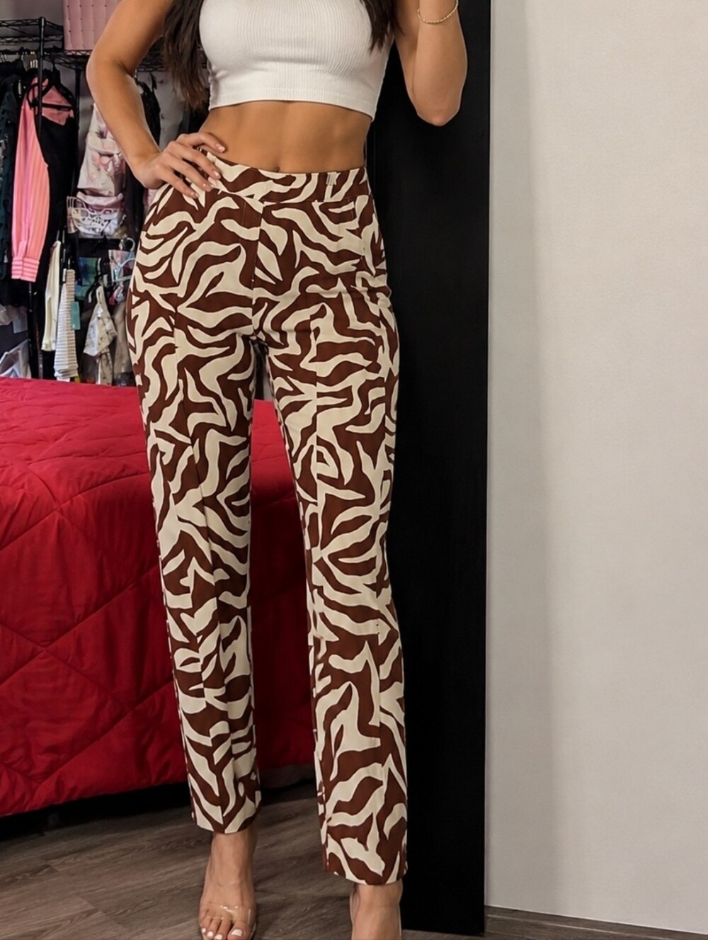SPANX Zebra Print Slim Straight Pants Small Brown Cream Stretch Pull-On